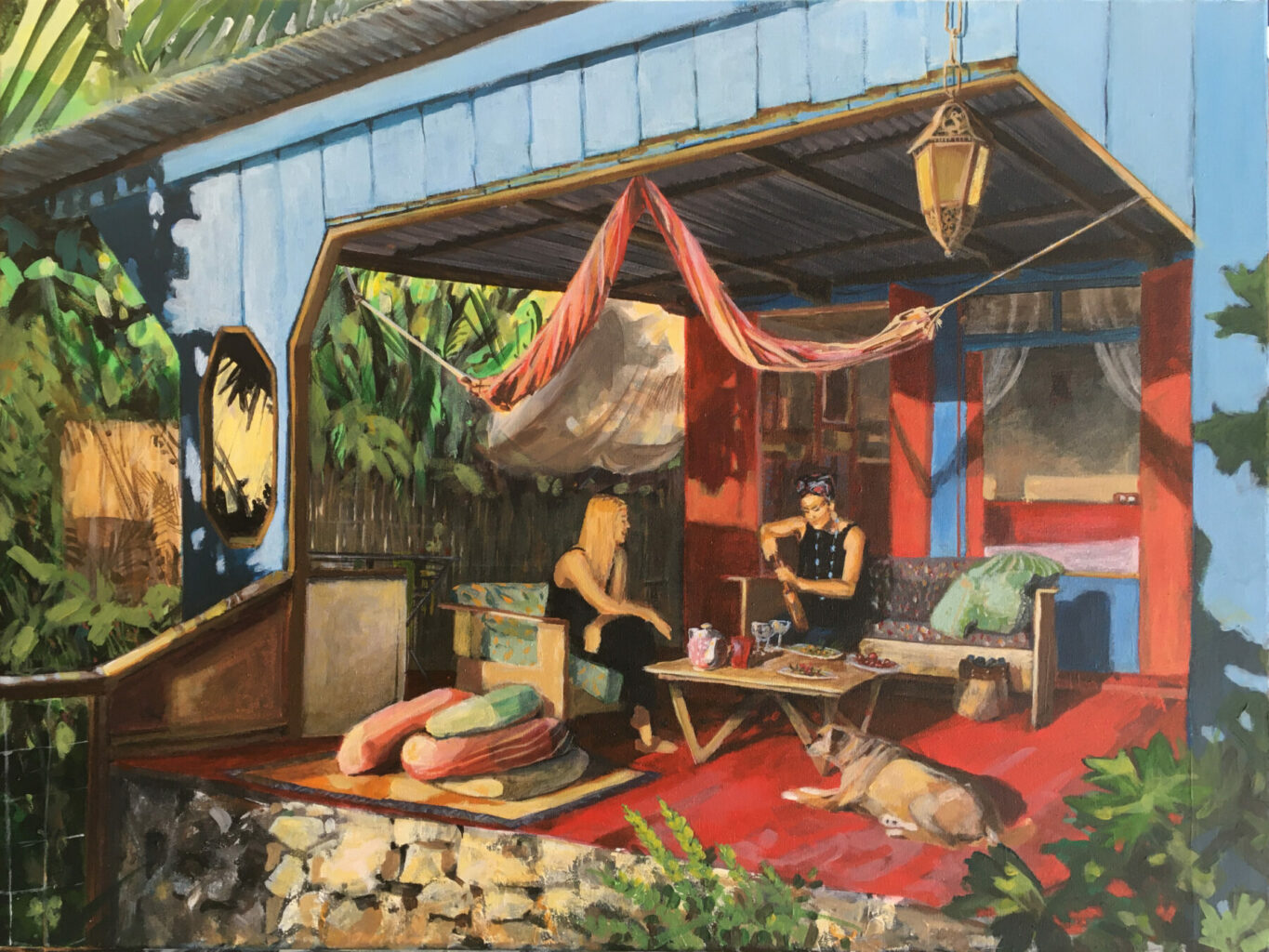 Peinture contemporaine représentant deux jeunes femmes sur une varangue en train de prendre l'apéro.