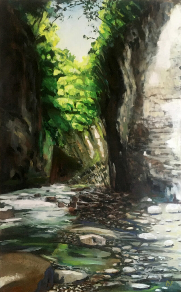 "Bras la plaine" Une rivière s'écoule entre deux rochers. La végétation filtre le lumière.