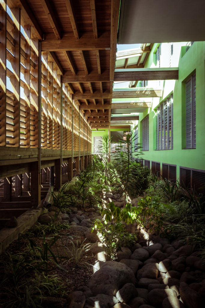 Photographies couleur du groupe scolaire A.Bertin. Photo prise sous les gradins longeant la cour des élémentaires, montrant un jardin rafraichissant.