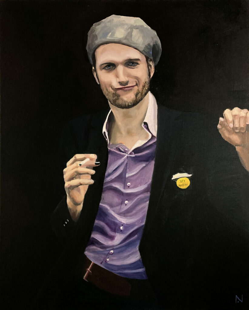 "The Sex Machine" peinture d'un jeune homme l'air désinvolte. Costume noir, chemise violette, sur fond noir